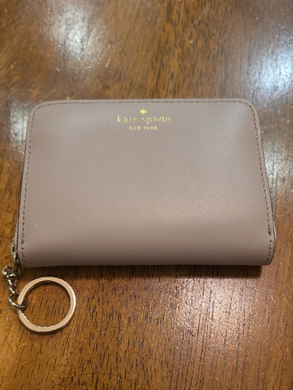 Kate Spade New York Taupe Leather Zip Card Wallet with Keyring